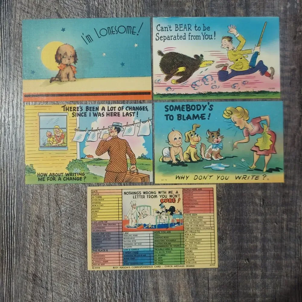 Vintage Asheville Post Card Company Missing You Correspondence Comic Linen Lot 5